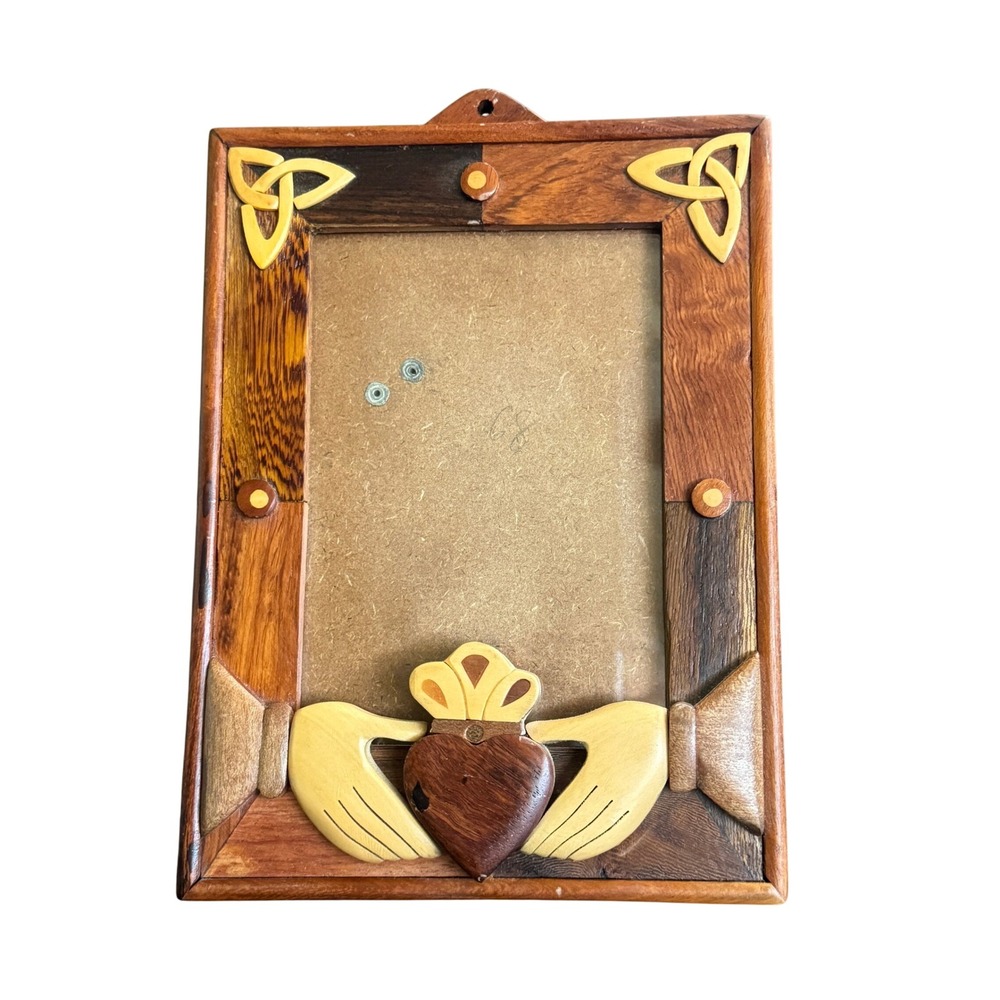 Vintage Irish Claddagh Wood Inlay Picture Frame Celtic Trinity Knot Brown 4x6